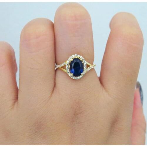 1.00ct carat 7*5mm Lab Created Blue Sapphire Engagement Ring With White Moissanite Stone Halo Ring 14k Yellow Gold