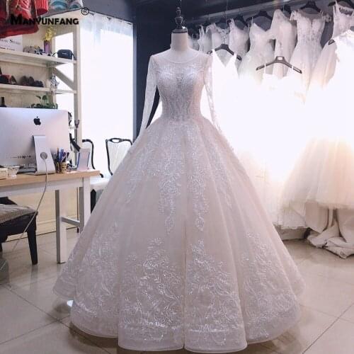 Luxury Crystal Full Sleeve Embroidery Appliques Tulle Bridal Ball Gown Custom Made Court Train Lace Up Back O-Neck Wedding Dress