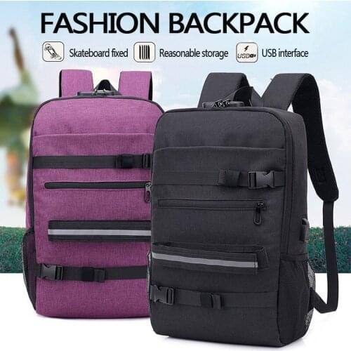 Skateboard Backpack Bag Anti-theft Password Lock USB Charging Shoulder Bag Men Women Leisure Travel Computer Bag Longboard Bag