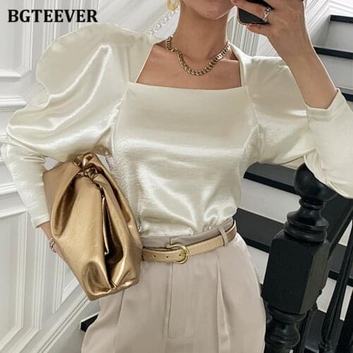 BGTEEVER Stylish Chic Puff Sleeve Satin Women Shirts Blouses Square Collar Elegant Blusas Femme 2021 Spring Ladies Shirts Tops