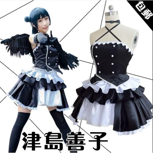 In Stock! Little Devi Tsushima Yoshiko Cosplay Anime LoveLive!Sunshine Aqours Cos Black Dress With Wings Halloween Costume