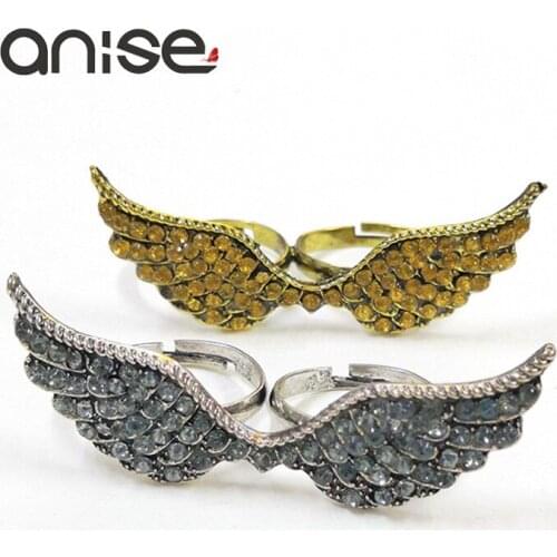 Anise Vintage Rhinestone Angel Wings Ring Punk Bat Animal Lightning Double Fingers Ring Fashion Adjustable Ring Women Jewelry