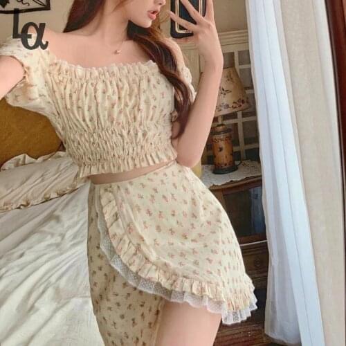 Luck A Elegant Floral Blouse Women Korean High Street Sweet Blouse Casual Fit Chic Sexy Puff Sleeve Beach Skirt Suit Summer 2021