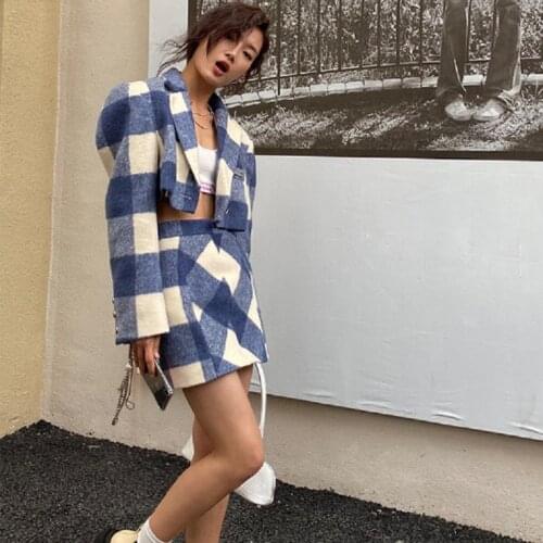 Fall Winter Plaid Vintage Tweed Two Piece Set Korea Women Single-Breasted Woolen Short Jacket Coat + Mini Skirt 2 Piece Set