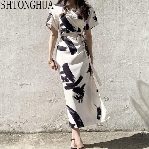 2020 Summer New Simple Ladies Loose Robe Casual Women Elegant Retro Ink Printing V-neck Lace-up Slim Dress