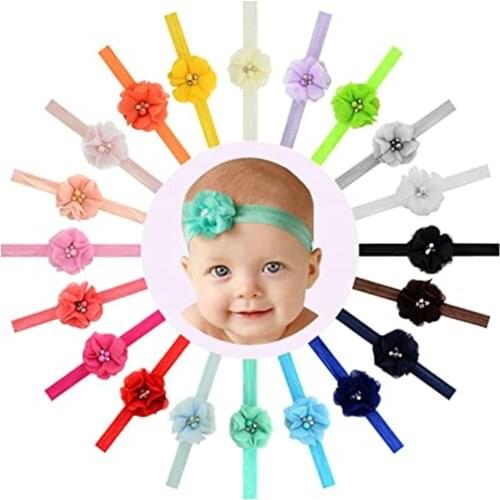28pcs 2 Inches Glitter Chiffon Pearl Flowers Headbands Baby Girls Head Wrap Soft Hairband Headwear Hair Accessory for Kids