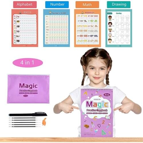 New 4 in 1 Books Magic Exercise Book Reusable Children’s Toys Write English And Numbers Montessori Toys Copybook For Kids Gift