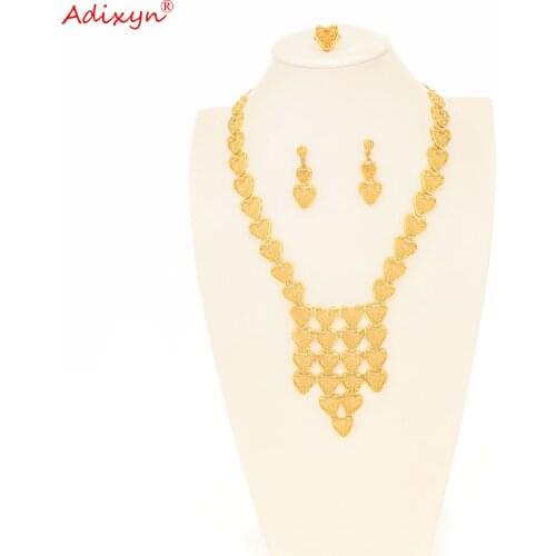 Adixyn Heart Shape Earrings/Ring/Necklace Set Jewelry for Women 24k Gold Color India Jewelry African Dubai Bride SET N1021E1