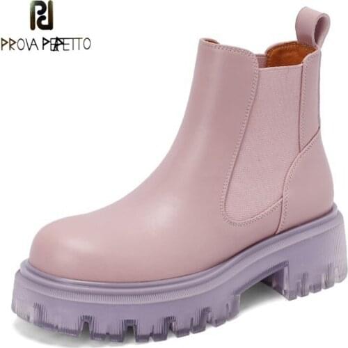 Round-toe Thick-soled Sponge Cake with Chelsea Booties Pink Jelly-soled Cowhide Stitching Elastic Band Mid-heel Martin Boots