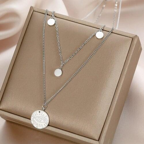 Stainless Steel Double Layered Necklace for Women Coin Choker Fashion Evil Eye Pendant Necklace Jewelry Best Gift