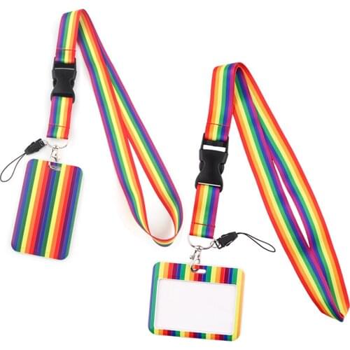 ER841 Rainbow Gay Buckle Lanyard Horizontal Direction Cardholder ID Holder Staff Card Lanyard For Key Phone DIY Hang Rope