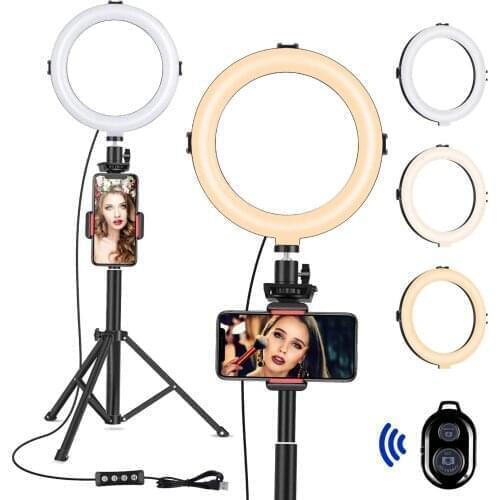 8" Selfie Ring Light with Tripod Stand Dimmable Desktop Ringlight Circle Light LED with Phone Holders for Live Stream Make up