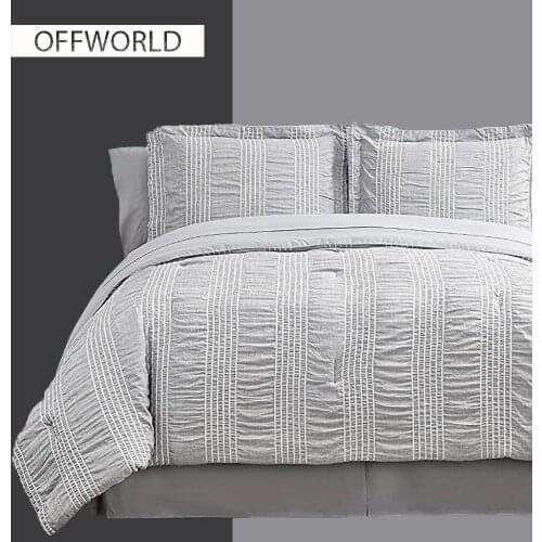 OFFWORLD King Duvet Cover Set Comforter Seersucker Fabric Soft Lightweight Down Stripes Grey Twin Size Bedding Set 103x90 Inch