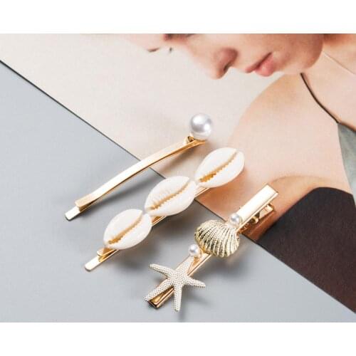 LUBOV 3Pcs/Set Summer Beach Hair Jewelry Fashion Imliltation Pearl Shell Starfish Hairpins Hair Clips for Women Hair Accessories