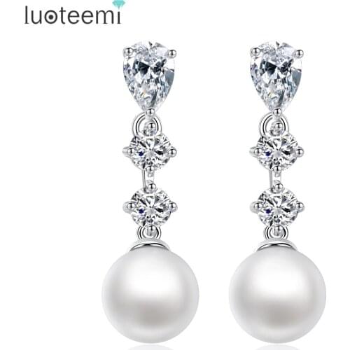 LUOTEEMI Imitation White Pearls Womens Earrings Dropwater Pendant Wedding Ear Accessories Cubic Zircons Korean Earrings Orecchi