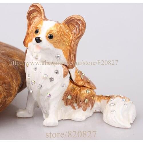 Papillon Dog Metal Jewelry Box Trained Cute Puppy Enameled Piece Animal Papillon Golden & White Dog Bejeweled Trinket Box