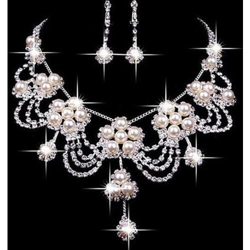 Womens Luxury Rhinestone Faux Pearl Necklace Earring Wedding Bridal Jewelry Set luxury shiny jewelry set women wedding jewelry