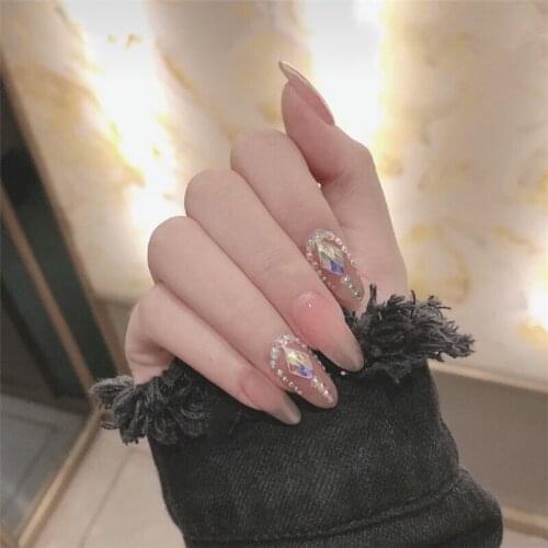 Princess style pink pure color with colorful diamond 3d decorated fake nails lady full nail tips bride false nails with glue