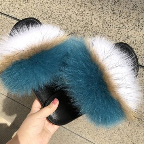 Womens Summer Real Fox Fur Slippers Ladies Fashion Slides Furry Party Sandals Female Fluffy House Shoes Girls Cute Flip Flops