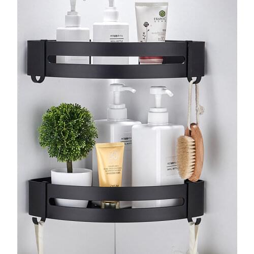 Perforation-free Bathroom Racks, Aluminum Storage Racks, Shower Storage Racks, Wall-mounted Black Corner Racks