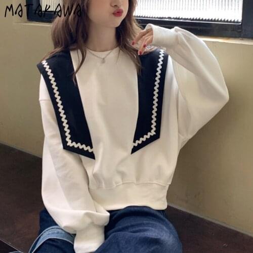 Matakawa Oversize Lazy Sweatshirt Autumn Fashion Patchwork Fake Two Piece Sailor Collar Pullovers Tops Korean Loose Sweatshirts