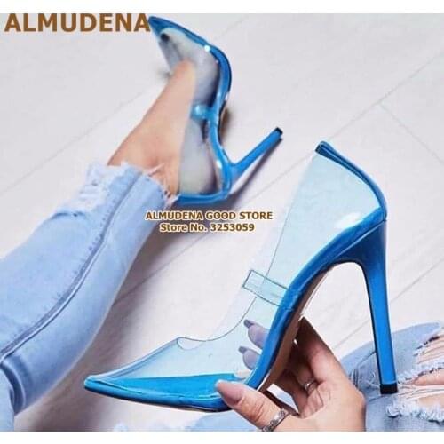 ALMUDENA Top Brand Transparency PVC Shallow Pumps Pointed Toe Clear Heel Dress Shoes Blue Yellow Pink Wedding Shoes Dropship