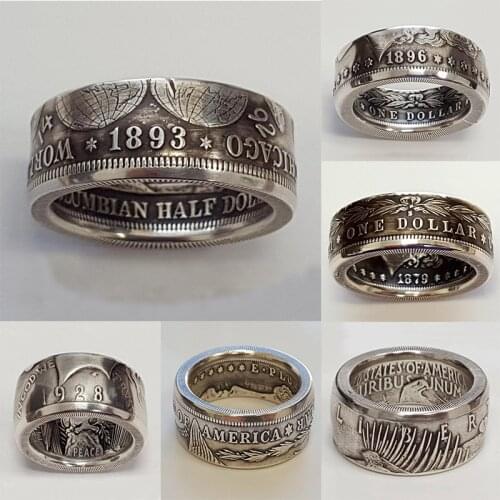 Vintage Mens Rings Antique Handmade Coin Silver Color Dollar 1893 Carved Different Time Punk Ring Classic Specie Jewelry 05Z300
