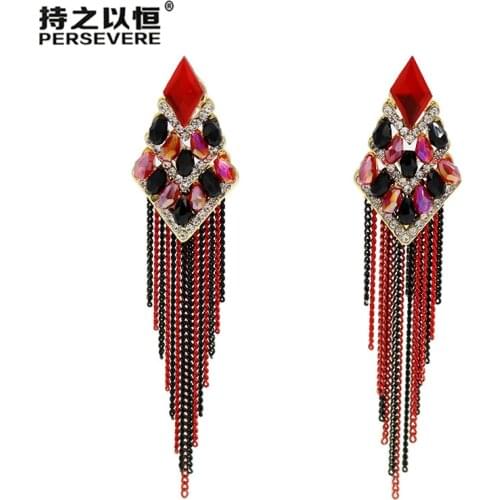 Hot sale Rhombus Crystal Beaded Metal Chain Short Earrings Tassel For Women black Red blue dark green Handmade Jewelry