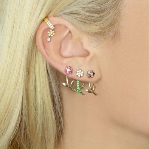2019 New Fashion Brincos rainbow colorful cz flower leaf double side Stud Earrings for Women minimal delicate elegance Jewelry