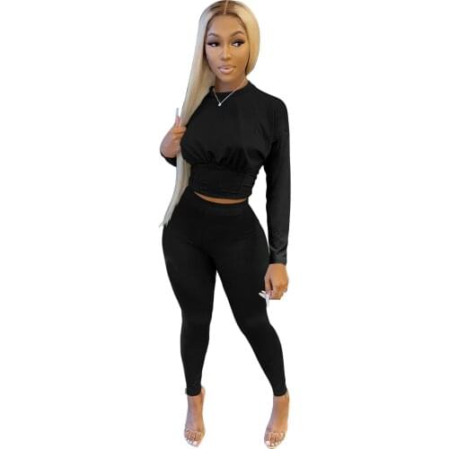 Womens Suit Solid O-Neck Two-piece Suit Crop Top Set and Pencil Pants Casual Sport Outfits for Sex Womens Clothes Tracksuit