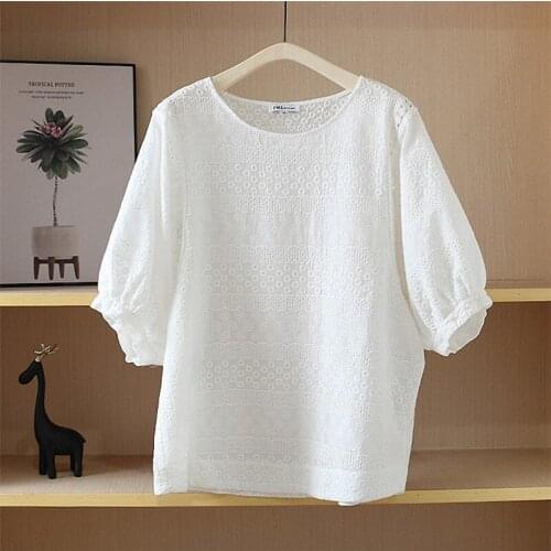 FairyNatural Women Hollow Out Embroidery Pullover Shirt O-Neck Cotton Lantern Sleeve Shirt Lolita Japanese Girl Tops Summer