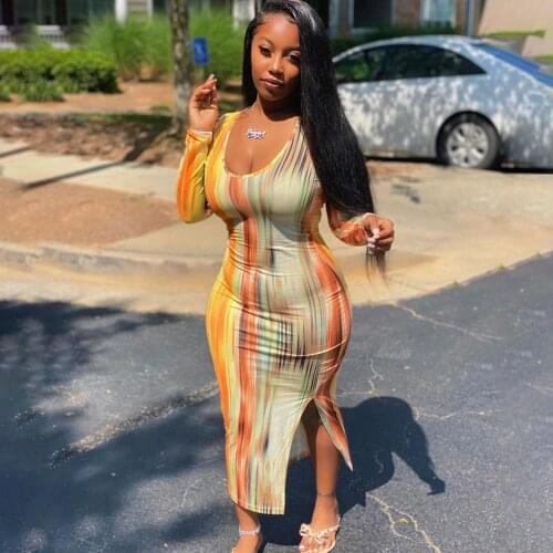 Office Lady Tie Dyeing Print Package Hip Dress Women Low Neck Cleavage Full Sleeve Skinny Dress Autumn Fall Side Split Vestido