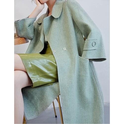 2020 Turn Down Collar Woolen Elegant Autumn Wool Cashmere Long Coat Jacket Women Casaco Feminino