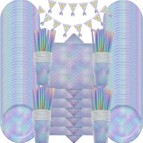 1set Birthday Disposable Tableware Sets Little Mermaid Party Paper Cup Plate Fish Scale Girls Favors Mermaid Sea Party Supplies