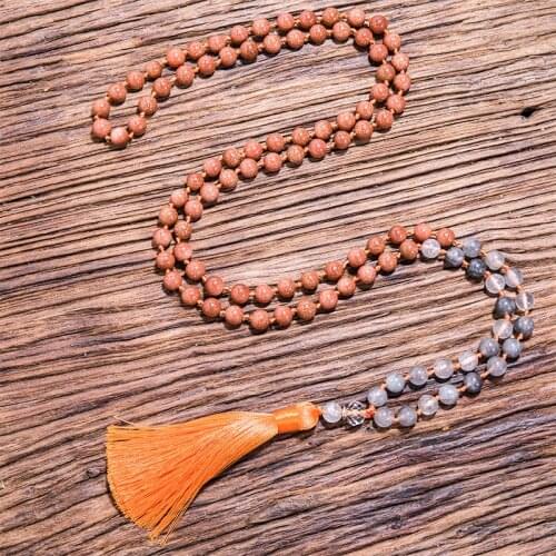 8mm Cloud Rockcrystal Sandstone Knotted Necklace 108Japamala Beaded Meditation Yoga Blessing Buddha Head Tibetan Tassel Jewelry