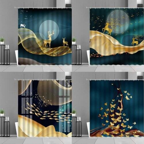 Abstract Art Shower Curtain Elk Butterfly Bird Fish Golden Pattern Bathroom Decor Waterproof Curtains Nordic Home Bath Decors