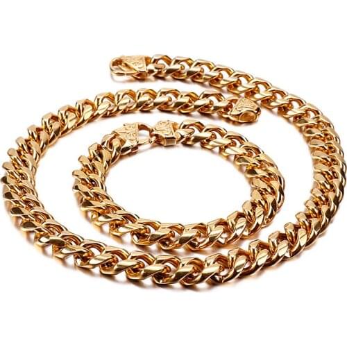 Large Heavy 13mm Gift mens jewelry set stainless steel Smooth curb link chain necklace + bracelet set Cool 24 inch+ 8.5 in
