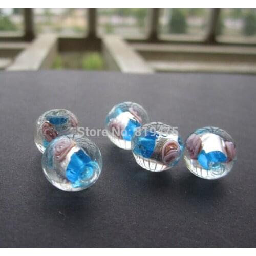 20Pieces/Lot 12mm Lampwork Glass Beads Flower With Silver Foil Teal Blue Color for jewelry making
