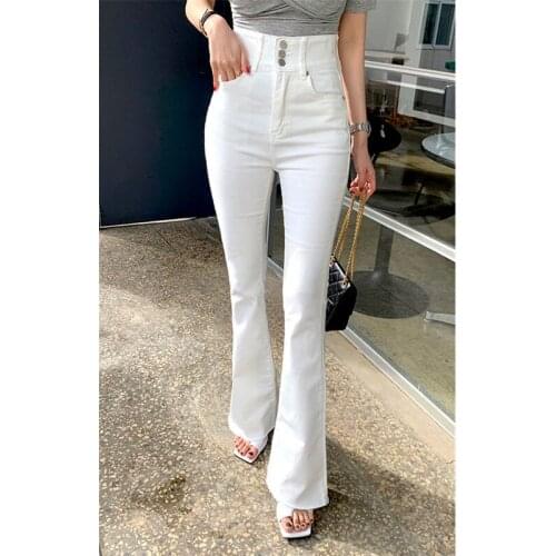Three Buttons High Waist Womens Casual Stretch Length Solid Color Jeans Versatile Personality Design Slim Micro Flared Jeans