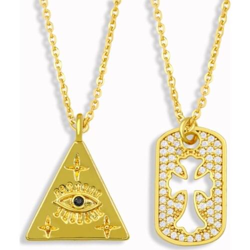 FLOLA Triangle Polished Evil Eye Necklace For Women CZ Micro Pave Oval Pendant Necklace Gold Vermeil Wholesale Jewelry nkeu07