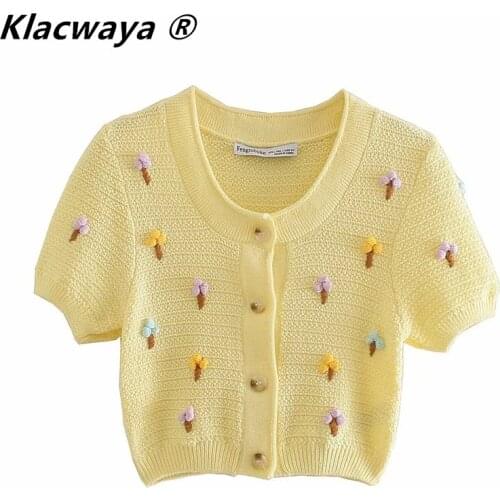 Klacwaya Za Cardigan Sweater Women 2021 Sweet Embroidered Floral Knitted Short Sweater Summer Casual Female Outerwear Chic Tops