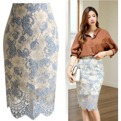 Lace Bodycon Skirt Women Elegant High Waist Pencil Skirts 2020 Korean Style Hollow Out Lace Knee Length Ladies Office Saia