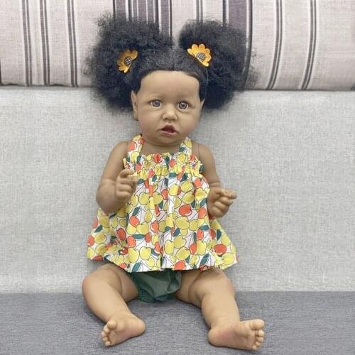 55CM Reborn Baby Dolls Full Silicone Bod Soft Real Touch Lifelike Girl Dolls with Rooted Black Curly Hair juguetes para ninas