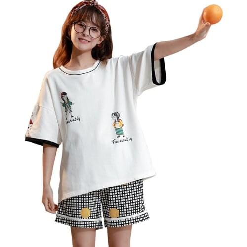 Summer Knitted Cotoon Women Loose Pajamas Sets Casual Lovely Sweet Female Student Pajamas Plaid Shorts Short Sleeve 2-Piece Set