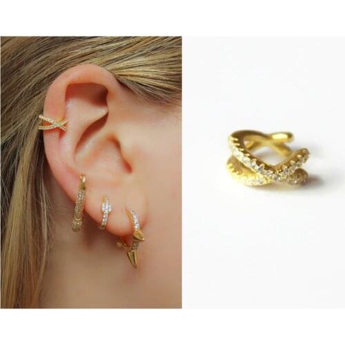 Micro pave cubic zirconia cute girl gift minimal 925 sterling silver no piercing fashion 1pc cross X clip on cuff cz earring