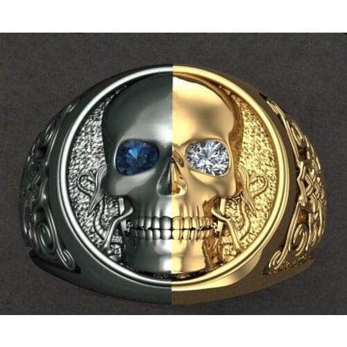 Fashion Retro Blue White Zircon Two Color Skull Ring Personality Mens Ring Motorcyclist Hip Hop Party Jewelry Halloween Gift