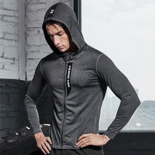 Mens Gym Workout Tops Zipper Hooded Running Jackets Long Sleeved Cycling Fitness Shirts Reflective Bodybuliding Clothing