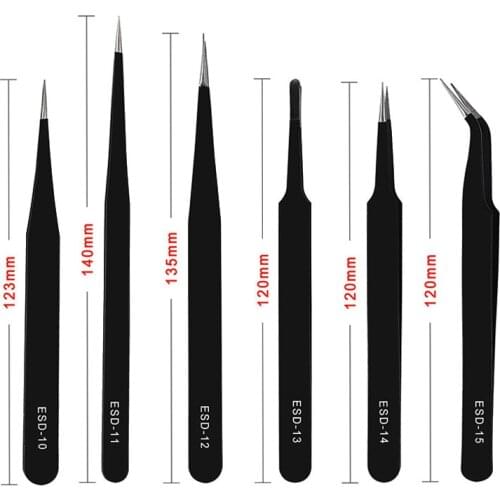 ESD Anti-static Stainless Steel Tweezers Set Maintenance Tools Industrial Curved Straight Tweezers tools for repair soldering