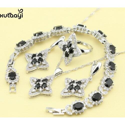 XUTAAYI 4PCS Top Quality Silver colorJewelry Sets Black Cubic Zirconia Clean Wedding Necklace/Rings/Earrings/Bracelet For women