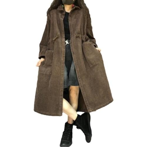 2021 New Corduroy Mid-length Windbreaker Womens Spring Autumn Large Size Single-breasted Long Trench Coats Female Outerwear 22A